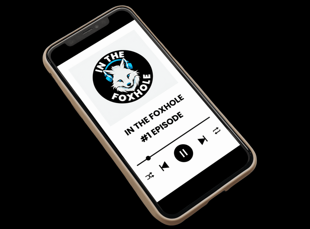 Iphone mockup on a black background displaying an episode of in the foxhole - in the foxhole